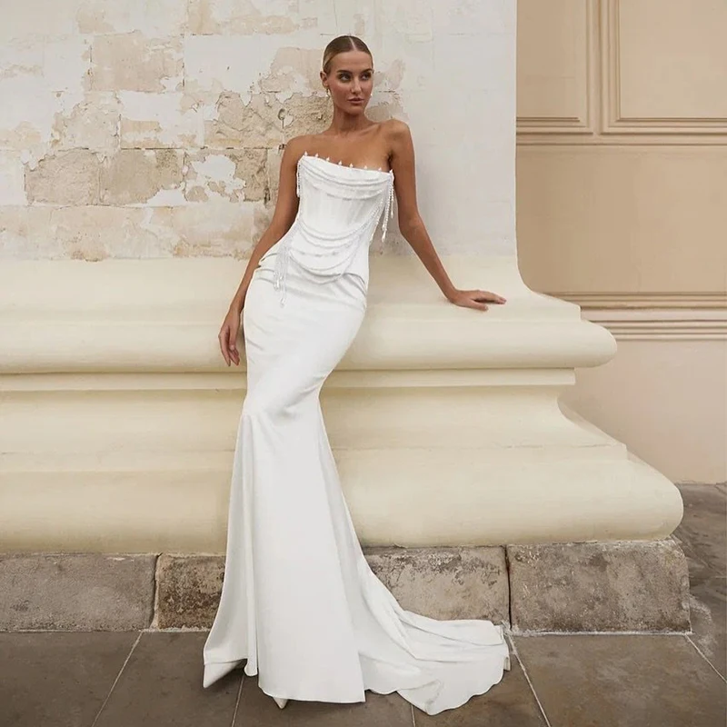 Eightree Weiße Meerjungfrau-Hochzeitskleider 2026, trägerlos, ärmellos, Perlen, Korsett, Brautkleid, Abend, Hochzeit, Abendkleid, individuell gestaltet