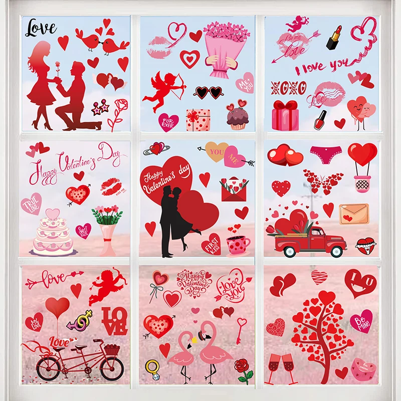 Valentine Windows Stickers 103Pcs PVC Double Sided Heart Cupid Couple Kiss Ballons Printed Glasses Tile Stickers