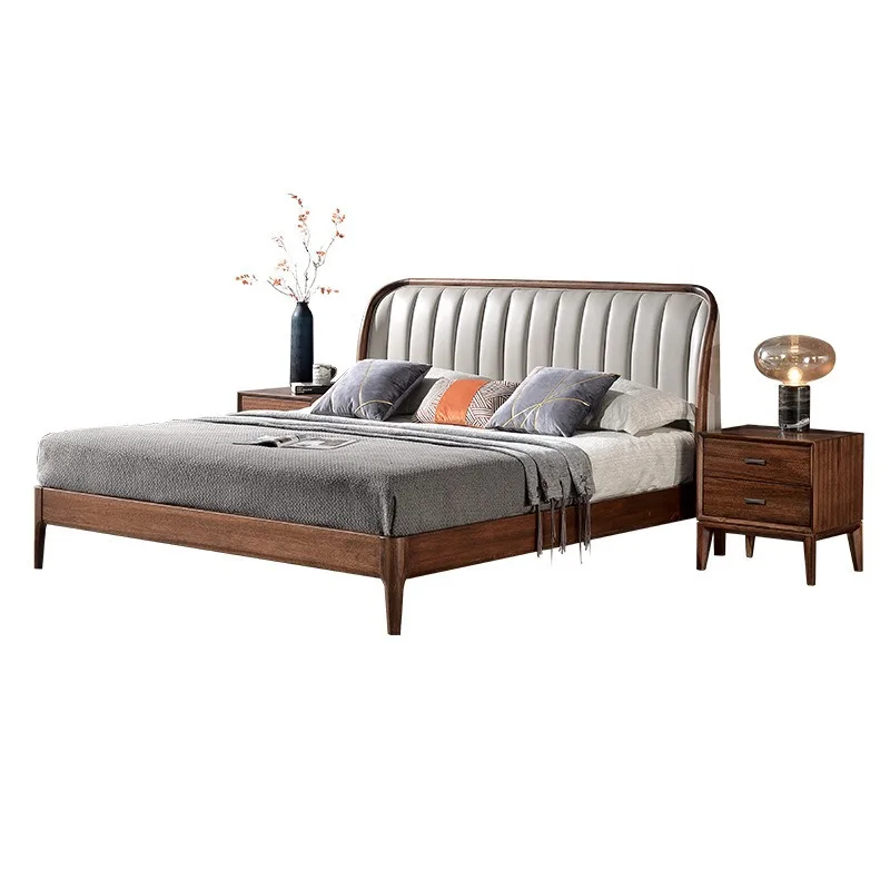 

Black walnut solid wood bed, leather soft backrest Italian simple master bedroom wedding bed
