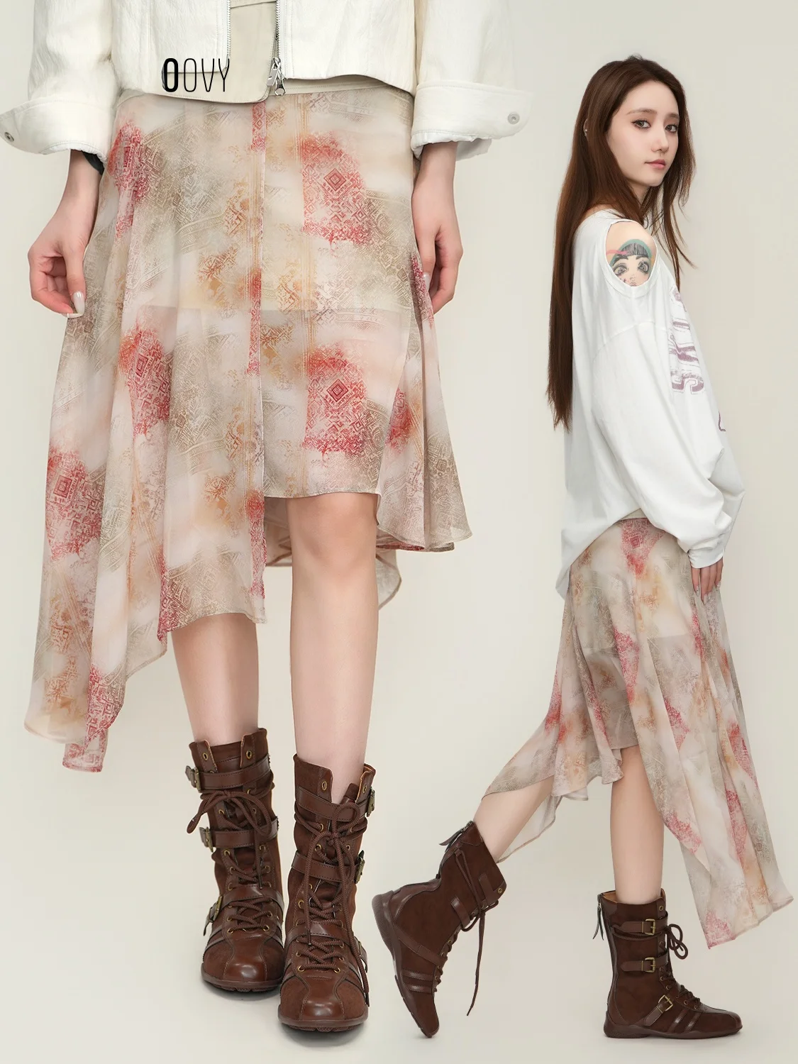 

Юбка миди А-силуэта с ретро-принтом и асимметричным кроем, в рабочем стиле, весенне-летний дизайн, с эффектом похудения