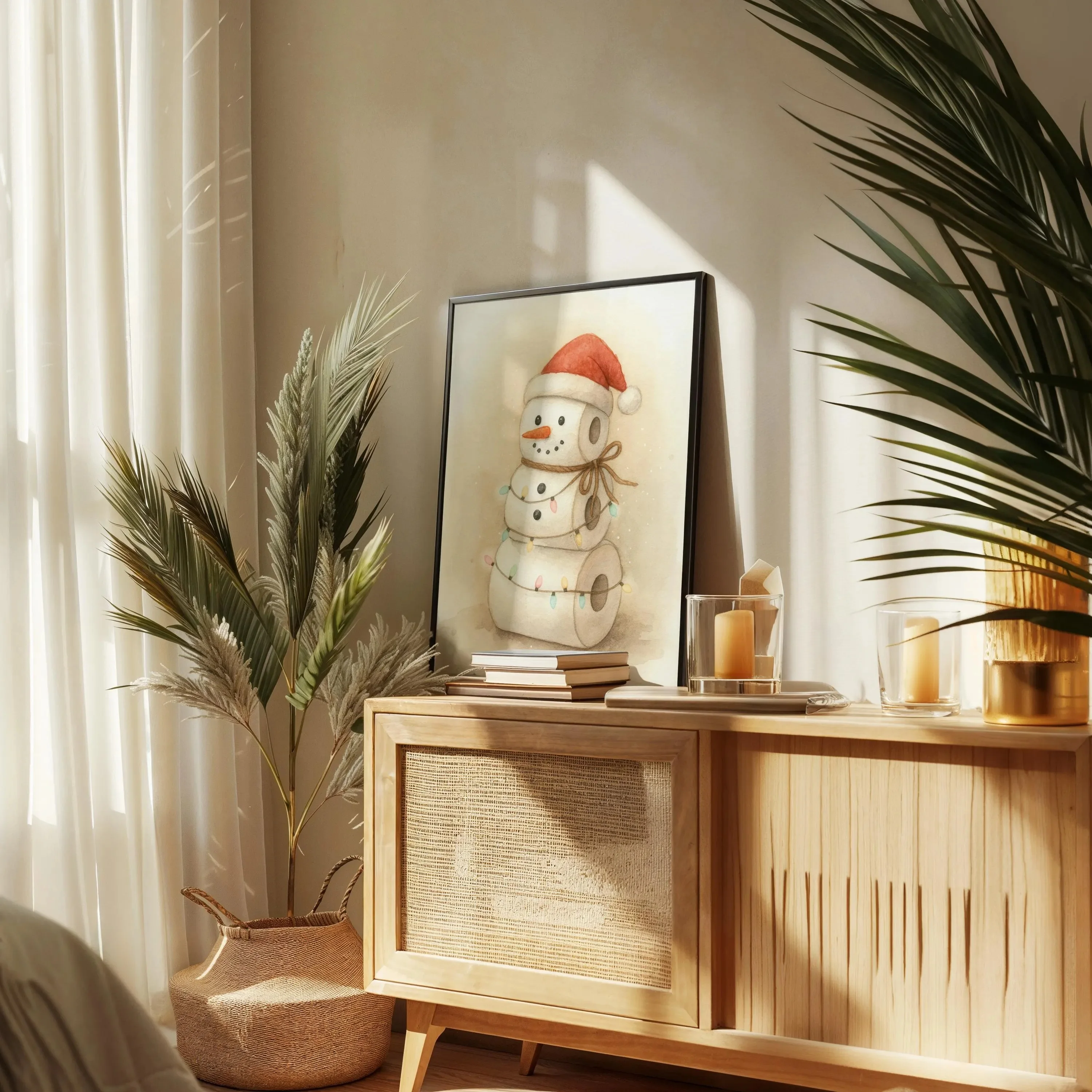 Decorazione natalizia divertente per il bagno, stampa natalizia con pupazzo di neve in carta igienica, simpatico arte da parete per le vacanze, poster per WC, poster invernale rustico