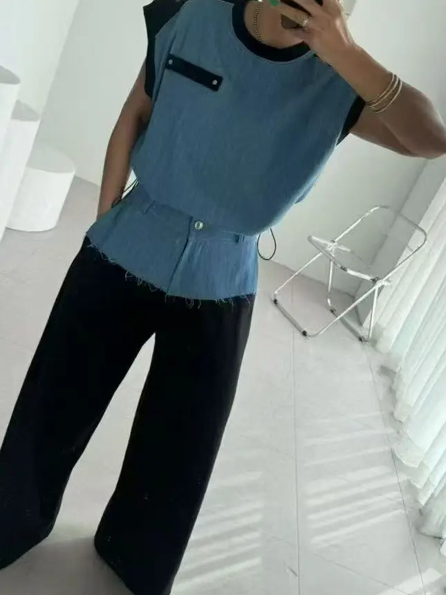 

Fashionable Denim Blue Color Block Set Women's Summer Elegant Patchwork Design Short Sleeve Wide Leg Casual Pants Outfit