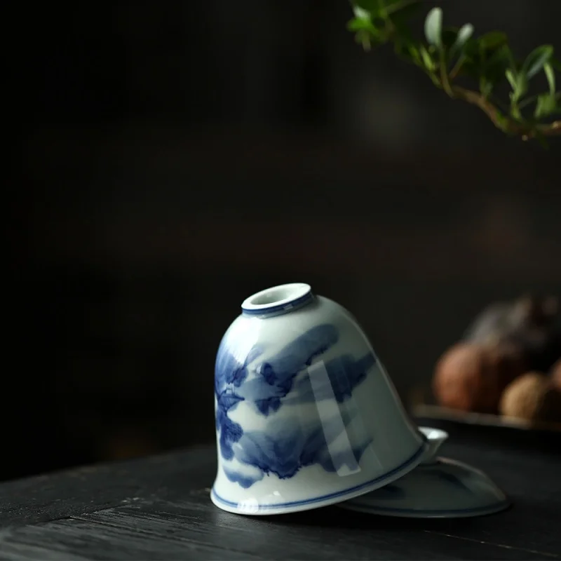 Wood Kiln Fake Antique Blue and White Landscape Tureen inside and outside Hand Painted Cup with Cover Single Mini Small Sized No