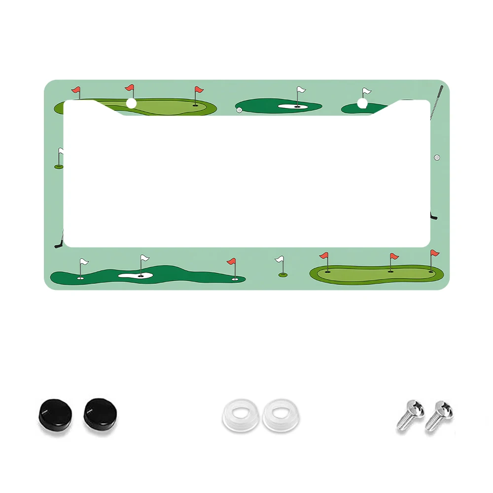 1pc Green Golf Course Pattern 2 Hole License Plate Frame Aluminum Material 6x12 Inches with Screw Car Decoration Gift Novelty