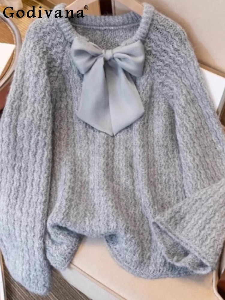 

Французский нежный милый свитер с круглым вырезом и длинными рукавами для девочек, осень-зима, большой размер, средней длины, модный пуловер, вязаные топы