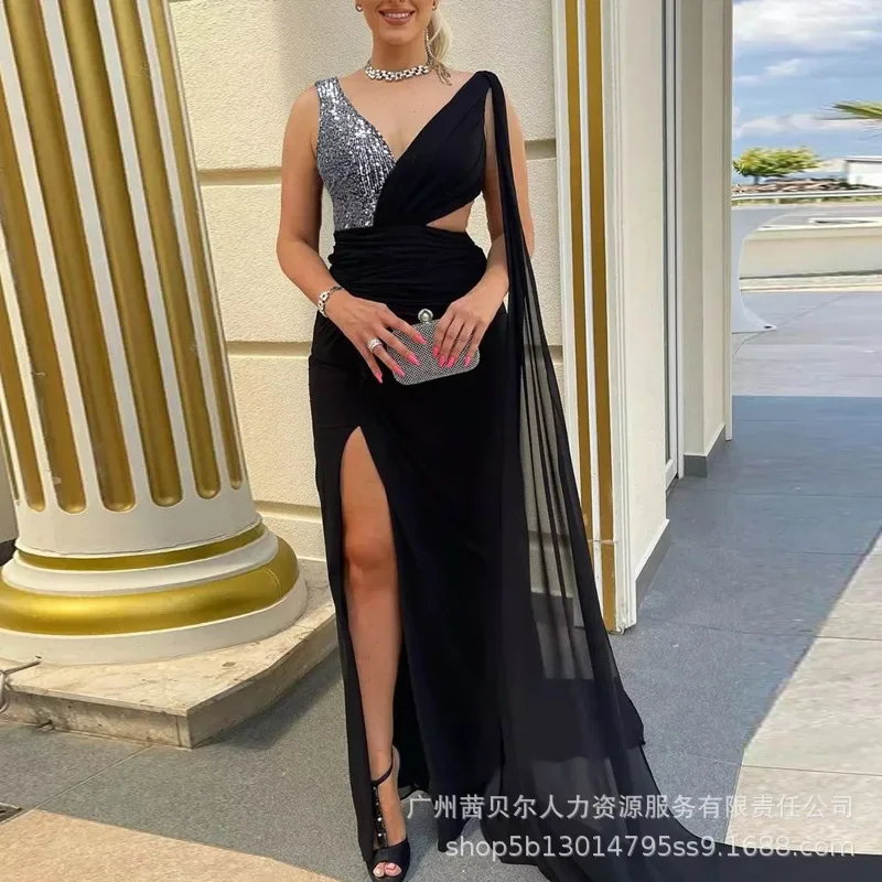 

2023 New Womens V-neck Sexy Split Dress Fashion Evening Dresses for Women