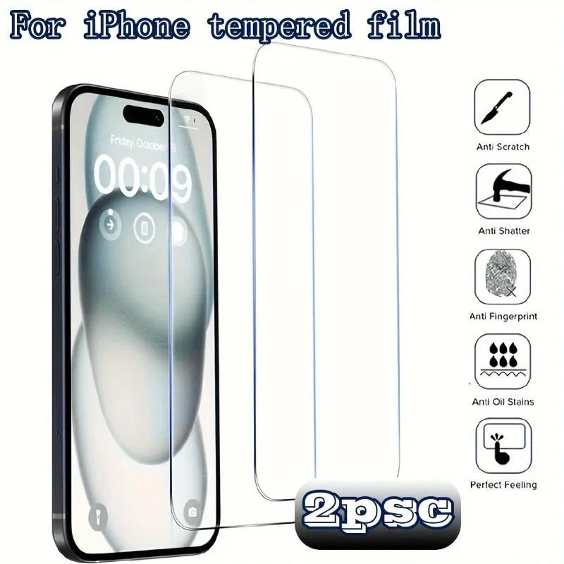 

2Pcs Full Screen Tempered Glass Protection Film for iPhone 16 15 14 13 12 11 Pro Max Pro Plus High Definition Clear Transparency