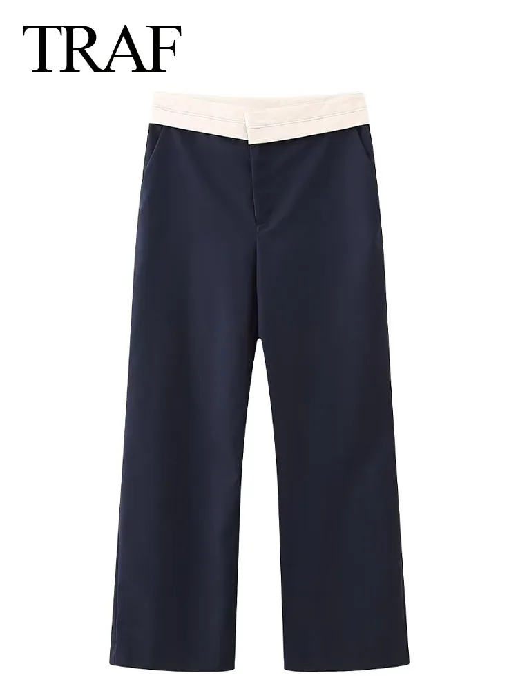 TRAF-pantalones de pierna ancha para mujer, pantalón holgado de cintura alta con cremallera, elegante e informal, para oficina, Otoño, 2023