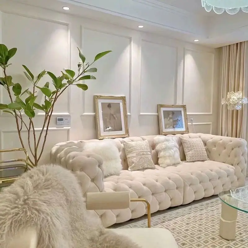 Italian light luxury small apartment buckle sofa living room modern simple no-wash frosted fleece cream model