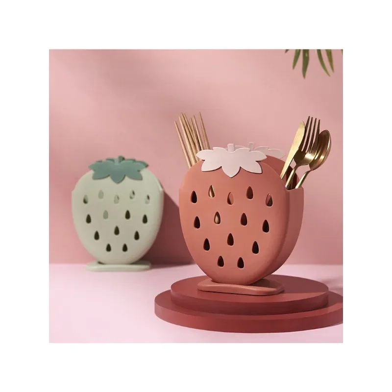 Cute Strawberry Chopsticks Holder Drain Rack Kitchen Tableware Storage Rack Hollow Cutlery Drainer Spoon Fork Knife Shelf Holder