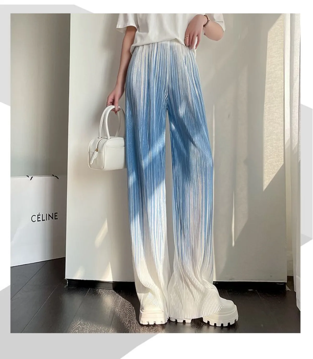 2025 Summer Fashion New Thin Style Gradient Ice Silk Wide Leg Pants Jogging for Women Loose Straight Casual Fashion Trousers