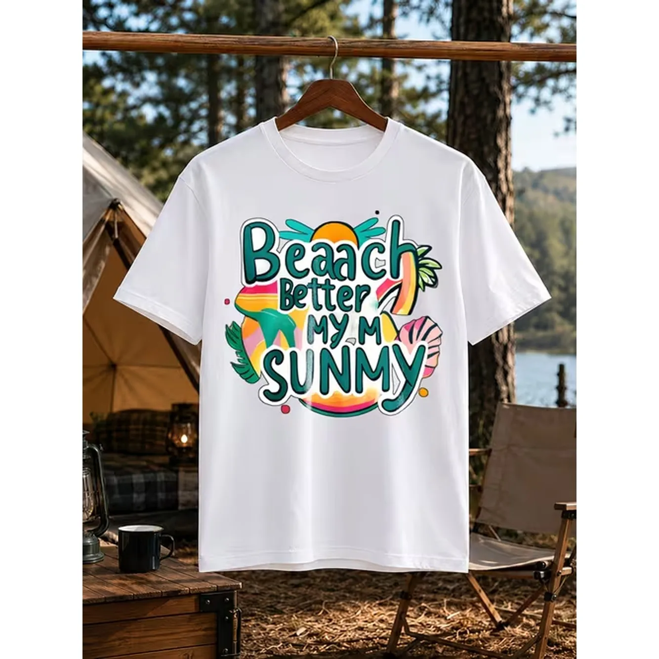 Product Image Men's Printed Short Sleeve T-shirt Slim Fit Beach Better with  and Design Fitness Casual  Outfit Fashion