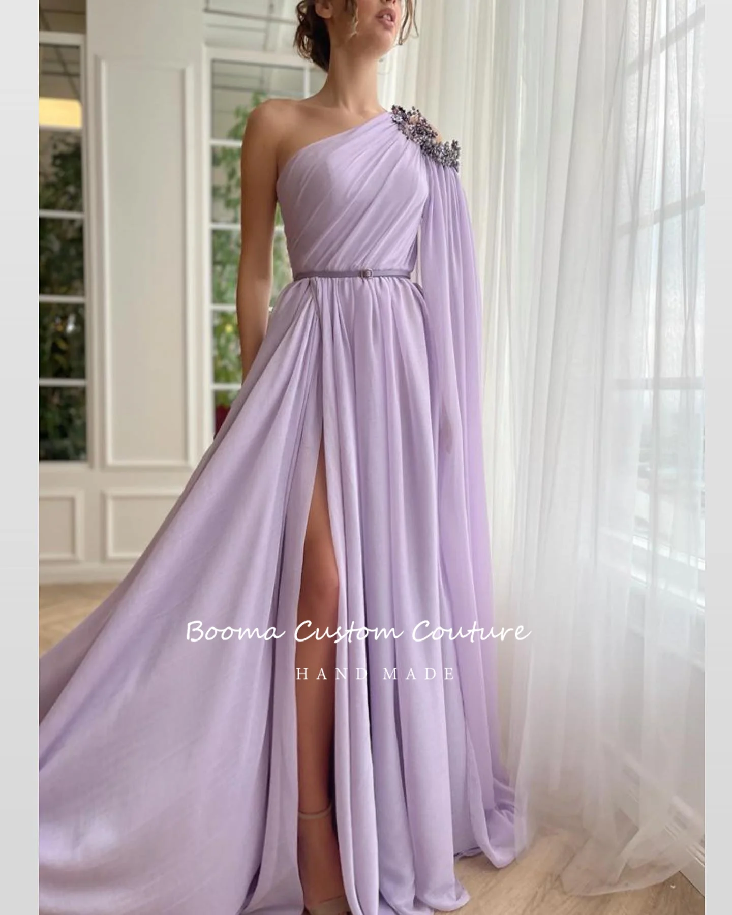 Booma Lavender Chiffon A-Line Prom Dresses One-Shoulder Long Cape Sleeve High Slit Evening Party Gowns Maxi Formal Event Dresses