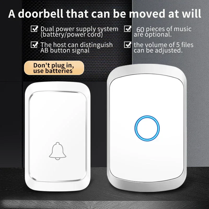 CACAZI DC Waterproof Wireless Doorbell Set Without Battery for Outdoor 60 Music Adjustable LED Flash Security Alarm Smart Home