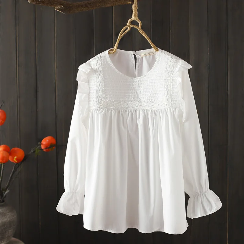 New 2026 Spring Cotton Long Sleeve Shirt, Women O Neck Ruffles Folds, Mori Girl Age Reduction Sweet Loose Dool Blouse T5D520CC