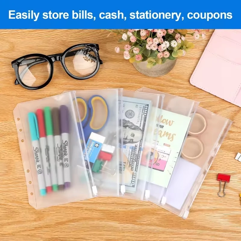 A5 A6 A7 Binder Pockets 6 Holes Cash Envelopes for Budgeting, Clear Zipper Folders for 6-Ring Binder, Waterproof PVC Organizer