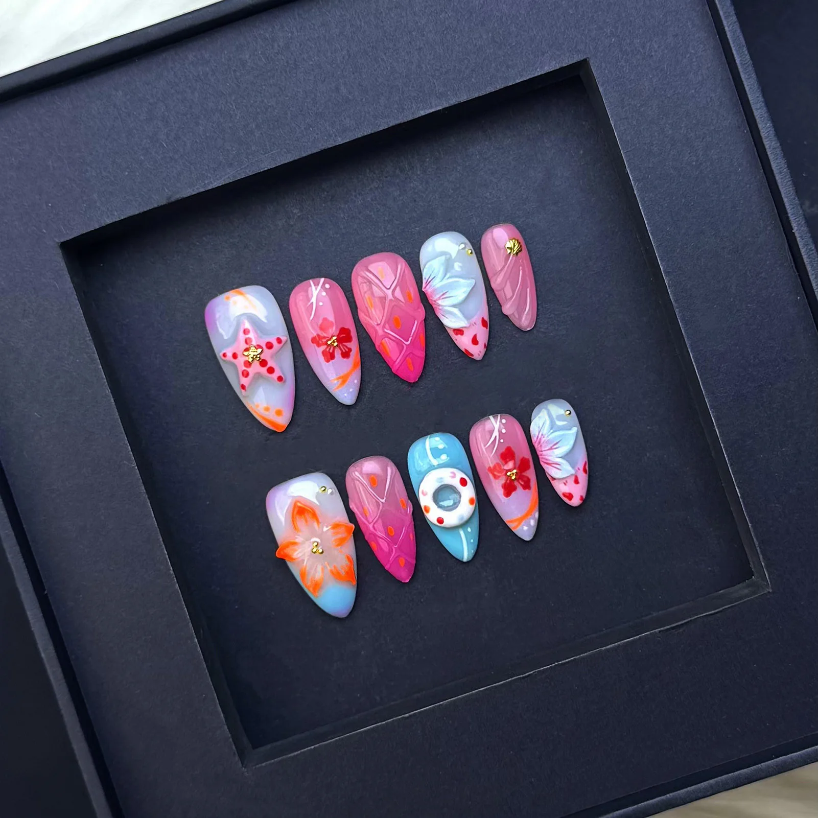 10PCS Sweet Almond False Nails 3D Floral Ombre Press On Nails Handmade False Nails for Women Girls DIY Manicure