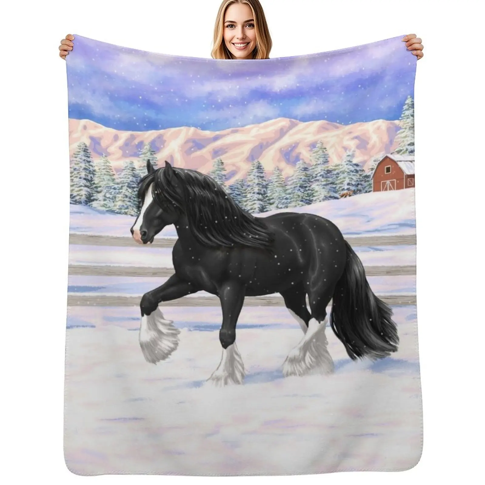 Manta de sofá acogedora con diseño de caballo de tracción Gypsy Vanner en blanco y negro en la nieve, ideal para ver televisión y tomar siestas