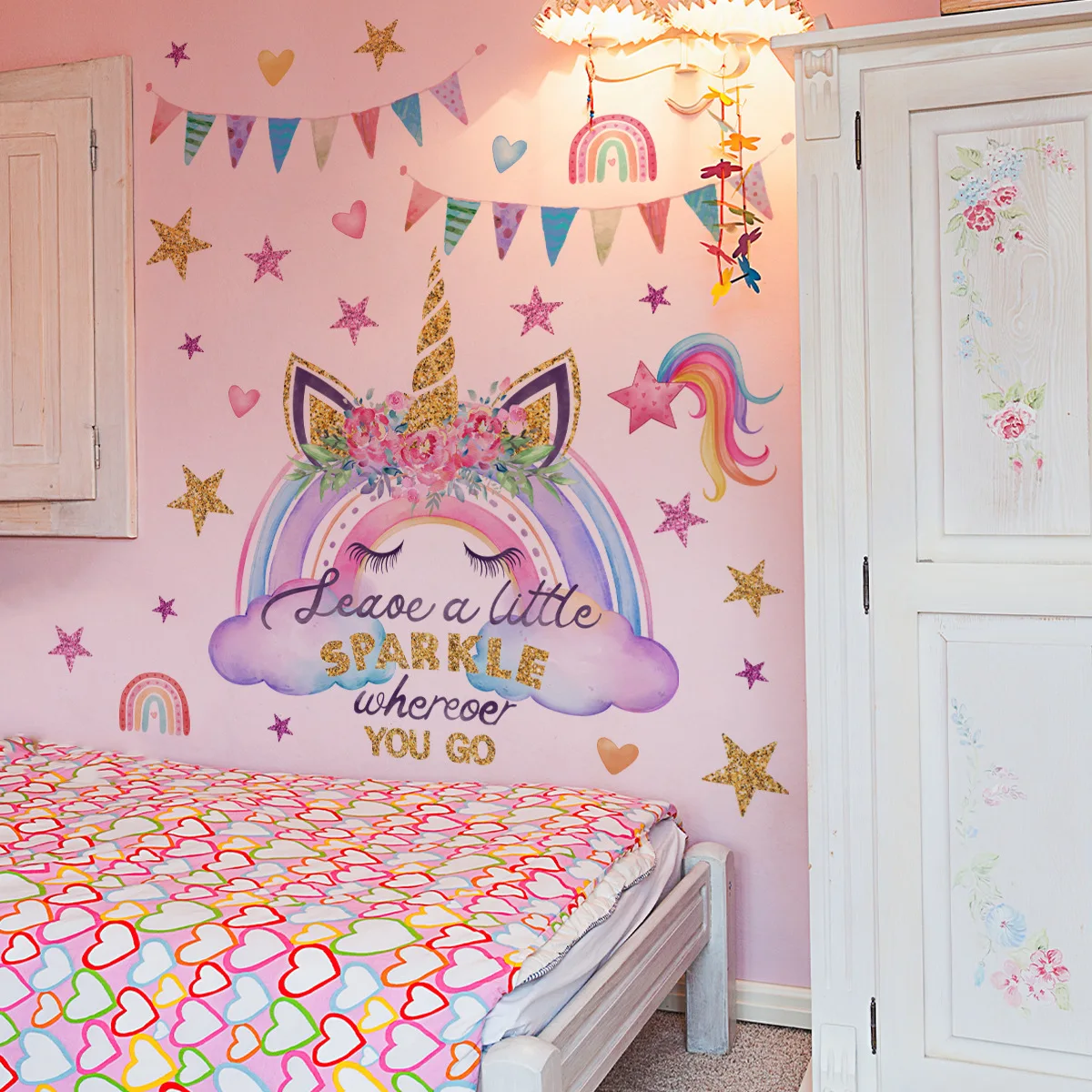 2pcs Cartoon Unicorn Rainbow Stars Wall Sticker Girls Bedroom Children\'s Room Layout Wall Sticker Wallpapers Home Decor Ms2373