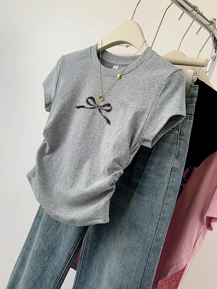 Women\'s Y2K Vintage Bow Short Sleeve T-shirt Round Neck Print Slim Fit Tops Summer Casual Tops