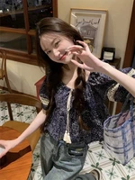 Novel National Attractive Tunic Women French Summer Neck Patchwork Frill Cropped Sleeve Young Look - Image 2