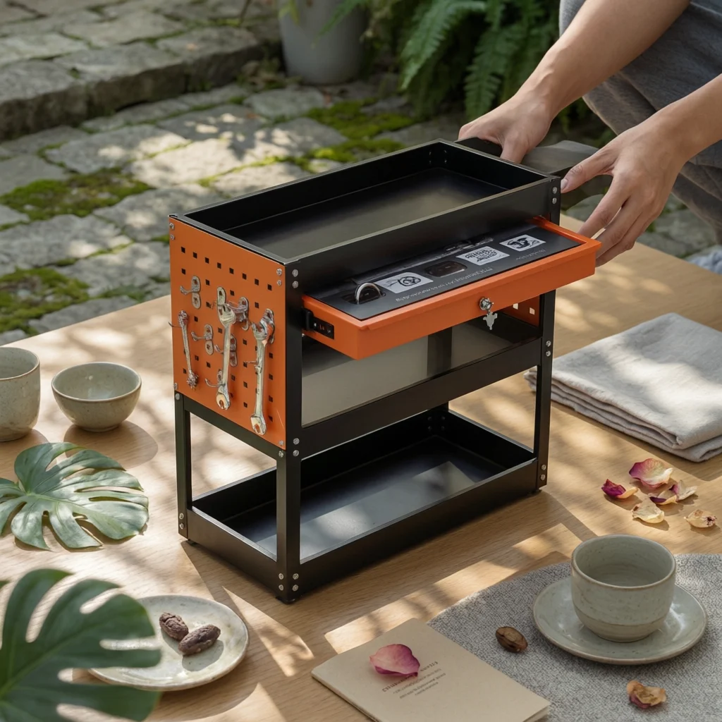 Tool Trolley with Drawer Three-Level Drawer Tool Trolley Utility Trolley Black and Orange unobstructedFrame Design