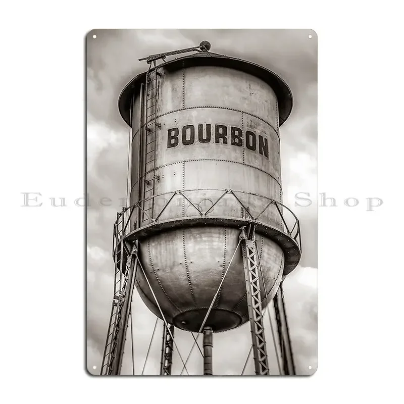 Bourbon Sepia Whiskey Water Tower Barrel And Cloudy Skies Metal Sign Mural Funny Personalized Decoration Tin Sign Poster