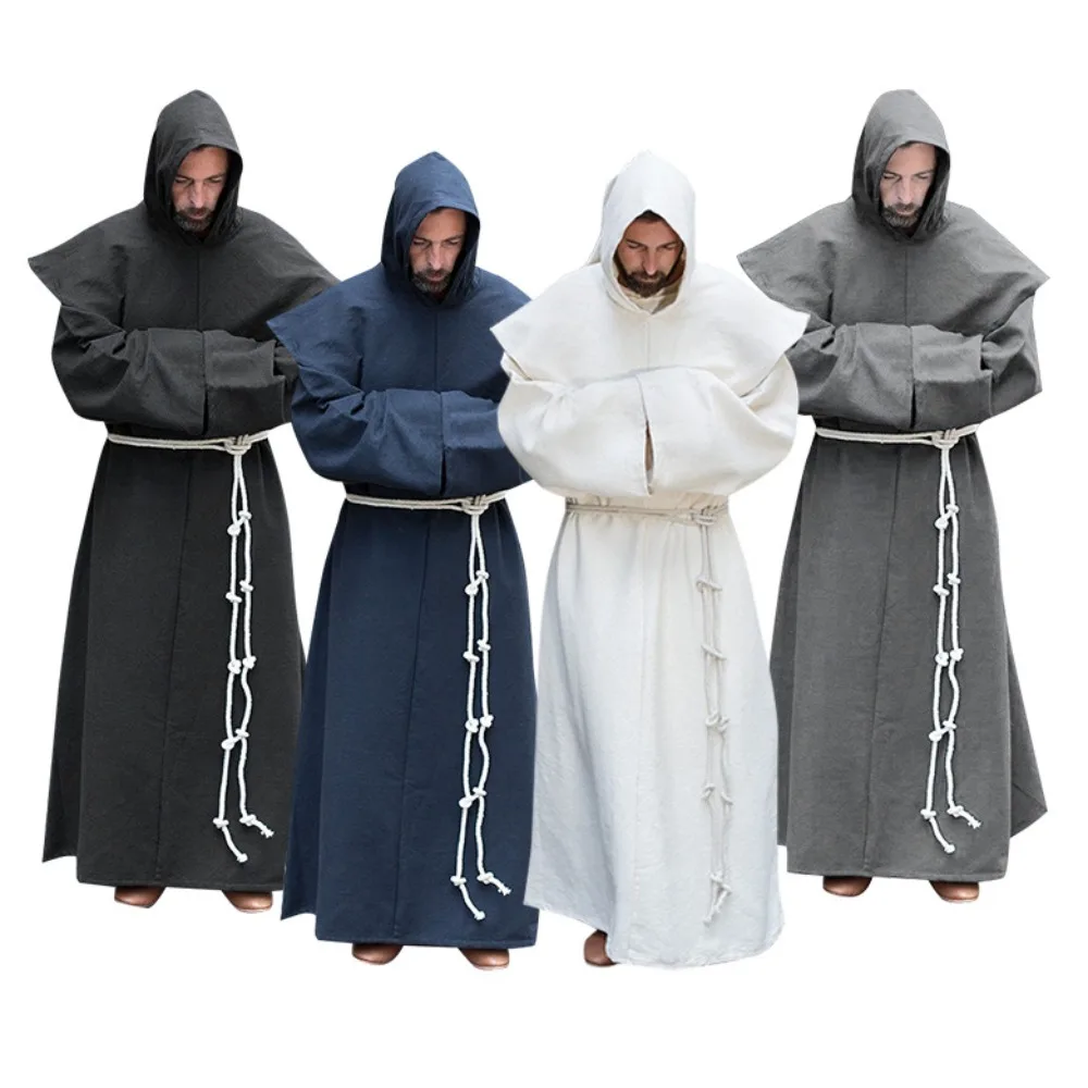 

Medieval Monk Cosplay Robe Catholic Religion Missionary Vintage Hooded Cassock Pastor Father Role Play Costume Halloween Party