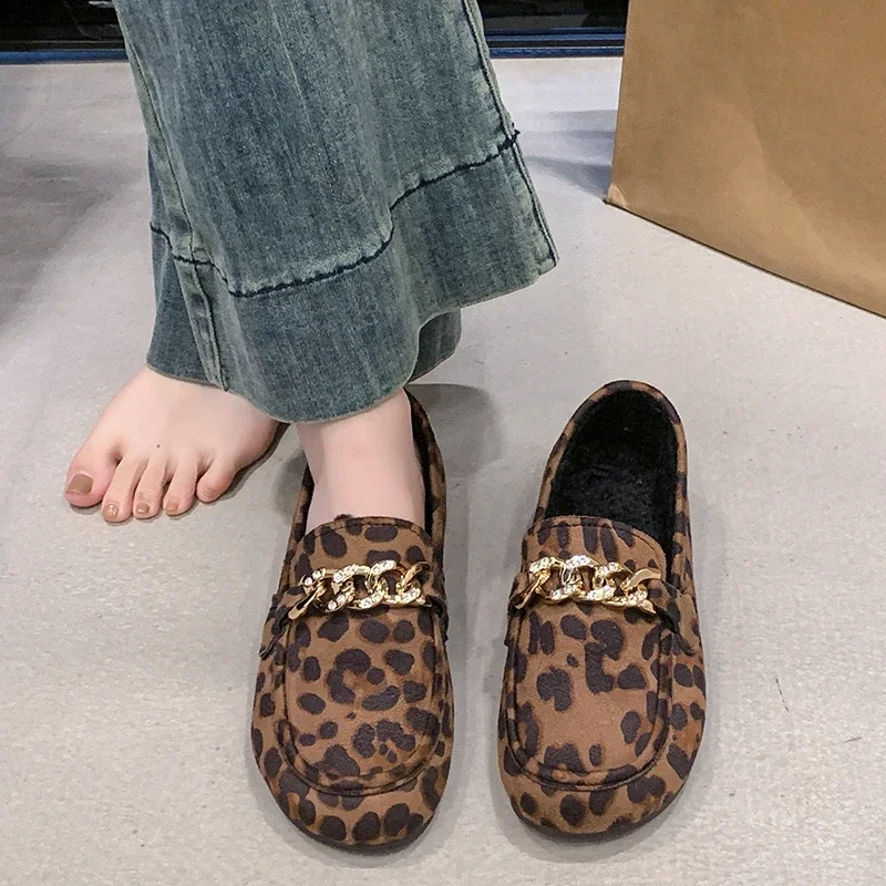 Winter Women's Suede Shoes Leopard Print Fur Lined Casual Penny Loafers Retro Ladies Moccasins Driving Slip On Boat Flat