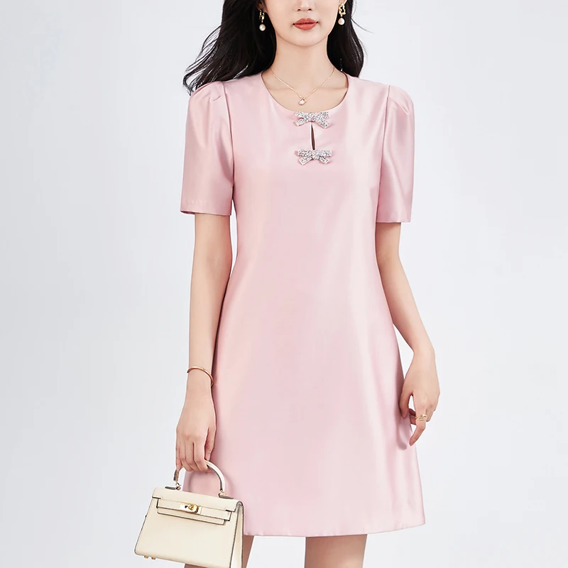 

New 2024 Summer Elegant Fashion Dresses For Women Diamonds Bow Short Sleeve Women's Clothing A Line Office Lady Solid Dress