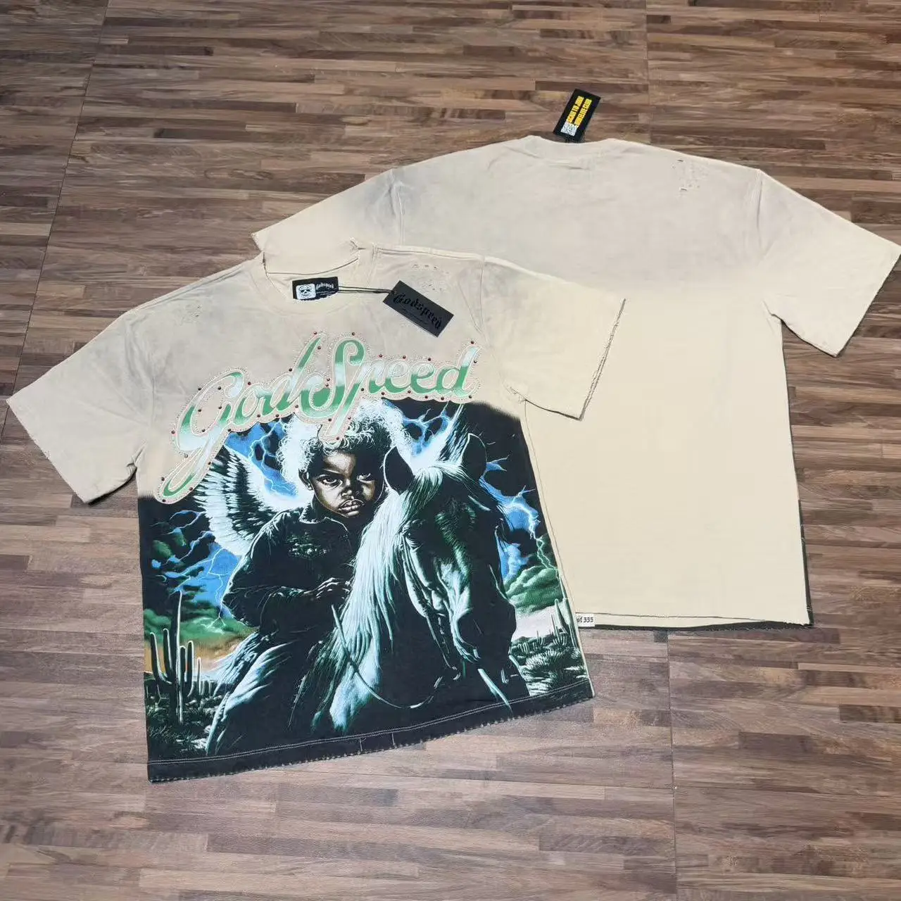 Godspeed American Trendy Brand Knight Print INS High Street Ripped Rhinestone Washed Loose Pure Cotton Short Sleeve T-Shirt