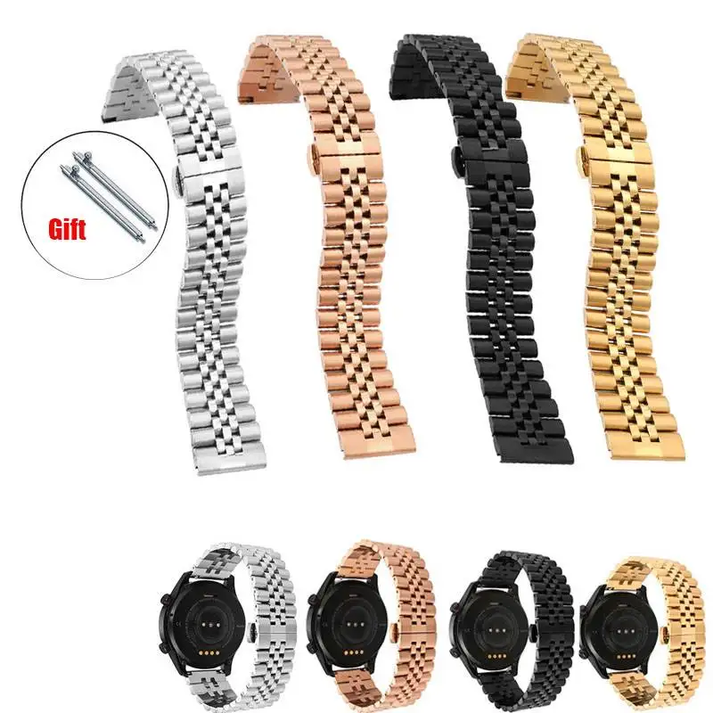 

20 мм 22 мм Юбилейный ремешок из нержавеющей стали, серебристый, золотой, черный, универсальный, с прямым концом, пять рисовых бусин, ремешок для часов для умных часов