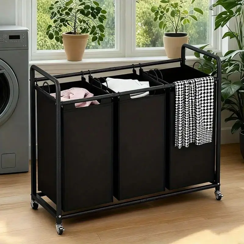 3-Bag Rolling Laundry Sorter Hamper, 63.4-Gallon Heavy-Duty Laundry Cart with Removable Bags & Lockable Wheels, Durable Fabric L
