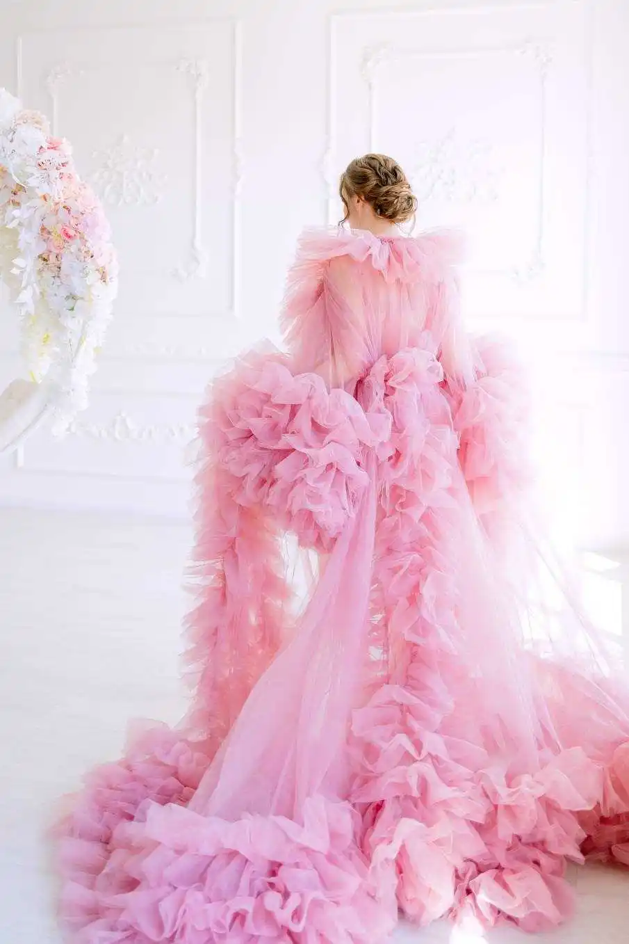 Graceful Dresses Women Robe Tiered Ruffles Tulle Long Sleeve Pajamas Maternity Dressing Shower Gown for Photography Custom Made