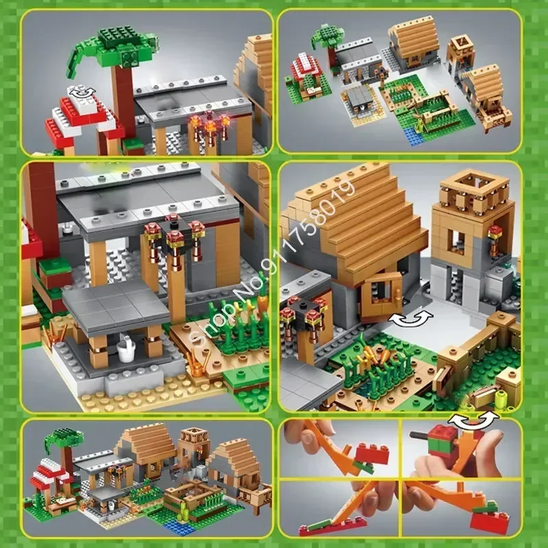 My World Minecraftinglys Bricks Set Mine Farm Mountain Cave Waterfall Village Jungle Tree House Figures City Building Blocks Toy