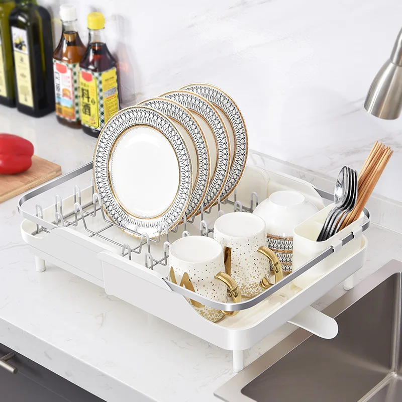 White 304 Stainless Steel Kitchen Extendable Dish Drying Rack with Non-Scratch and Movable Cutlery Drainer and Drainage Spout