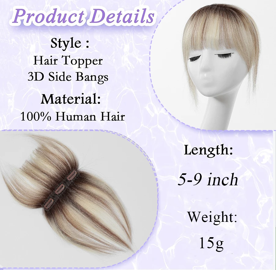 5 Inch Ombre Bleach Blonde Human Hair Pieces 3 Clips in Bangs Hair Extensions for Women Daily Use Fake Bangs Air Bangs Hairpiece