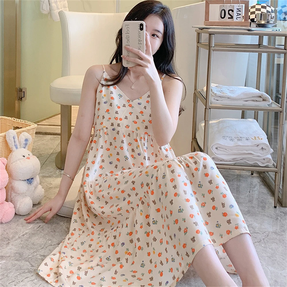 Women Viscose Nightgown Sexy Sling Nightdress Summer Thin Casual Breathable Home Costume Girl Sweet Printing Lingerie Sleepwear