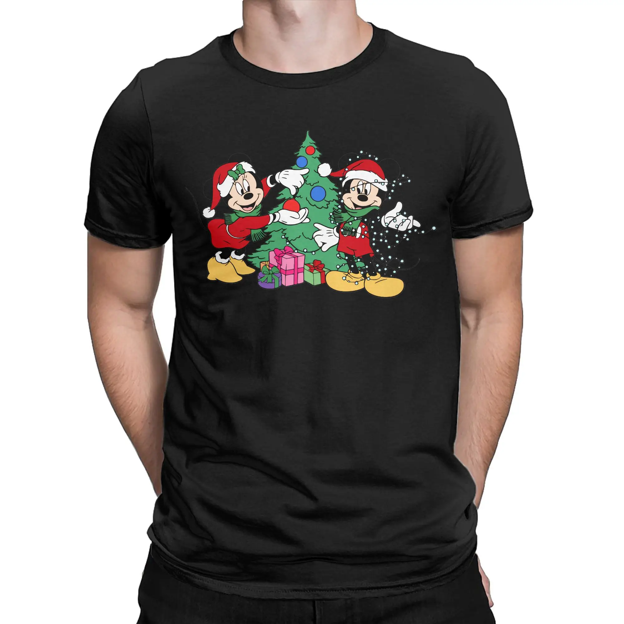 

Mickey Mouse and Minnie Christmas Tree T-Shirt for Men Round Neck Pure Cotton T Shirts Short Sleeve Tees Gift Idea Clothing