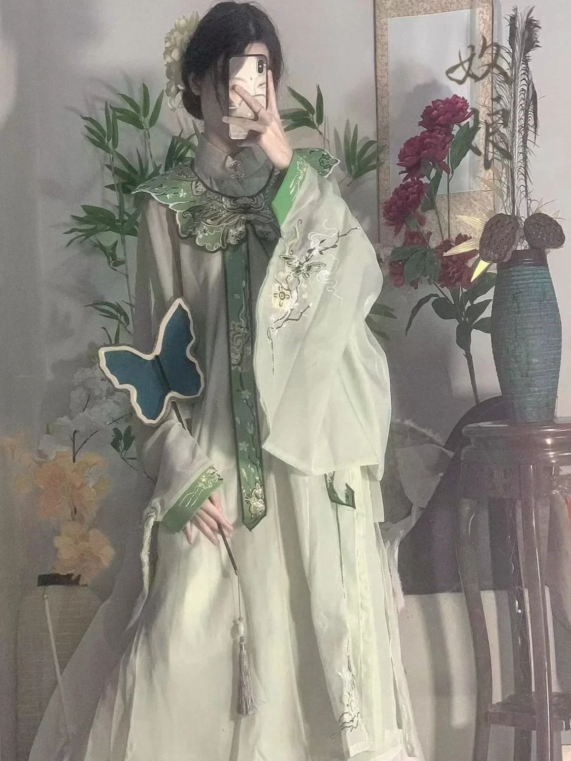 Originele Hanfu Dames Ming-dynastie Onsterfelijke Geest Stand Kraag Cloud Schouderborduurwerk Student Elegant Groen