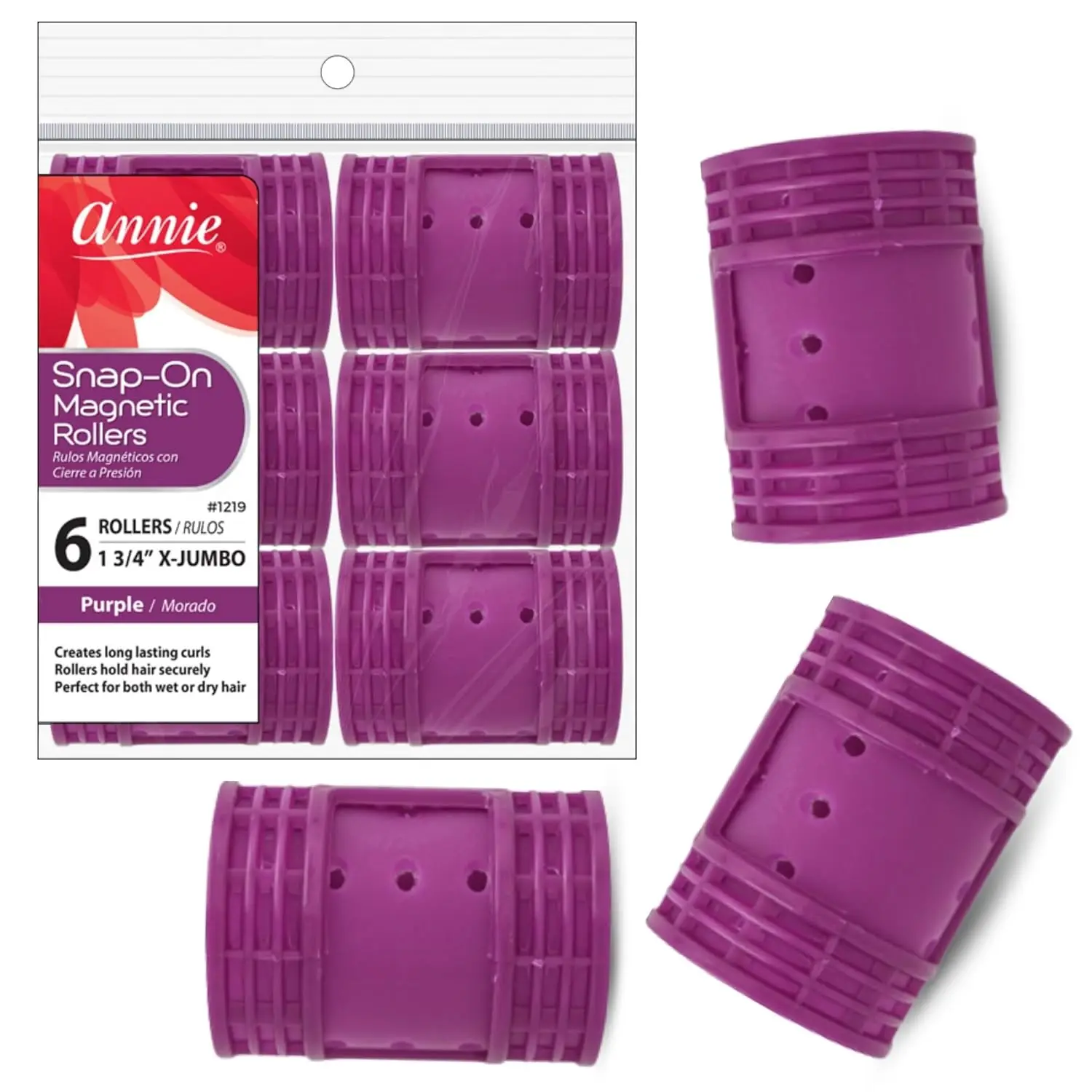 

Extra Jumbo 1 3/4" Magnetic Hair Rollers – Snap-On Locking Hood, No Pins Needed – Purple, 6 Count