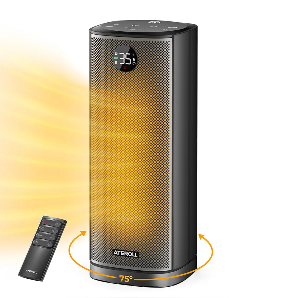 Ateroll Tragbarer Heizlüfter mit Fernbedienung, 2000W PTC Keramik, 40cm Oszillierend Sofortige Wärme, Leises Gebläse, V0 Schwerentflammbare Materialien, Überhitzungsschutz und Kippschutz, Schlafzimmer