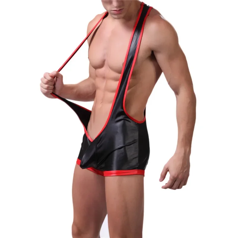 Mens Bodysuit Gay Jumpsuits PU Leather Clubwear Wrestling Singlet Open Hip Backless Leotard One-Piece Bodysuit Jockstraps Boxers