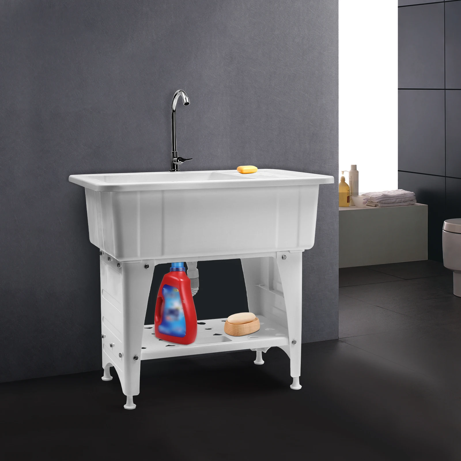 Utility Sink Laundry Tub with 220.46 lbs Capacity, Adjustable Feet, 360° Rotatable Faucet, Removable Washboard, Easy Installatio