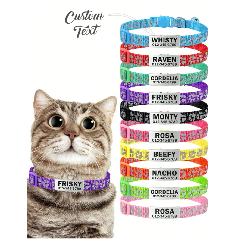 Customized Dog ID Tag Collar Reflective Paw Adjustable Nylon with Bell Engraving Puppy Kittens Necklace Personalized Name Number