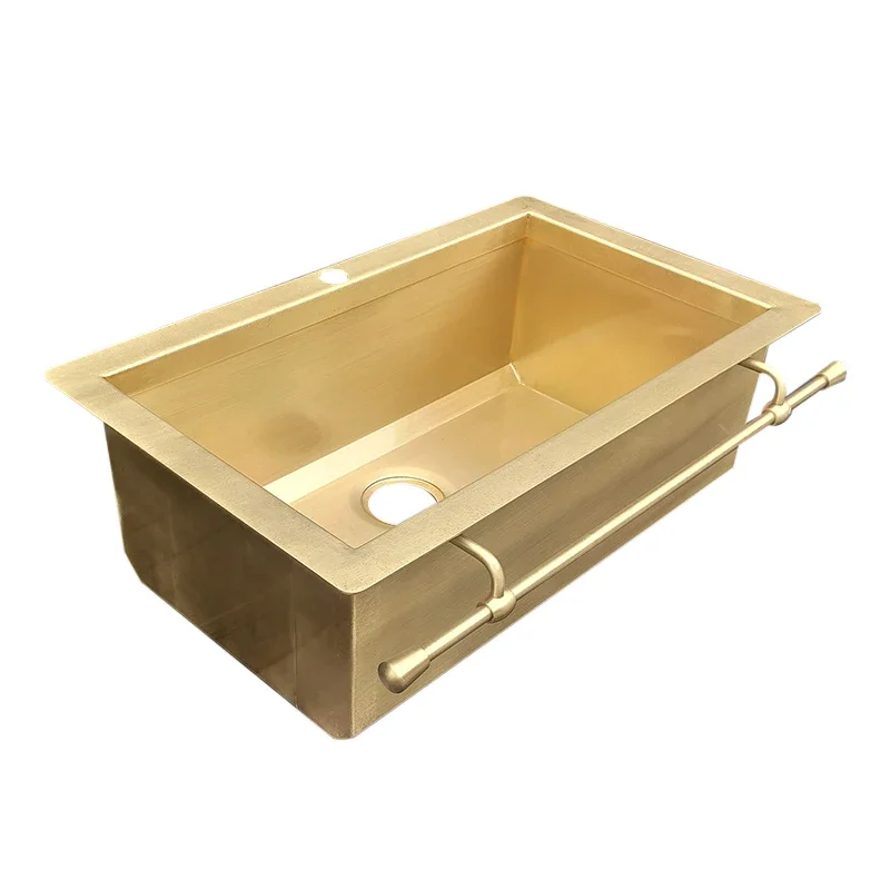 33x22x9 Inch Classic Design Rectangular Metal Brass Golden Apron Single Kitchen Sinks with Towel Bar