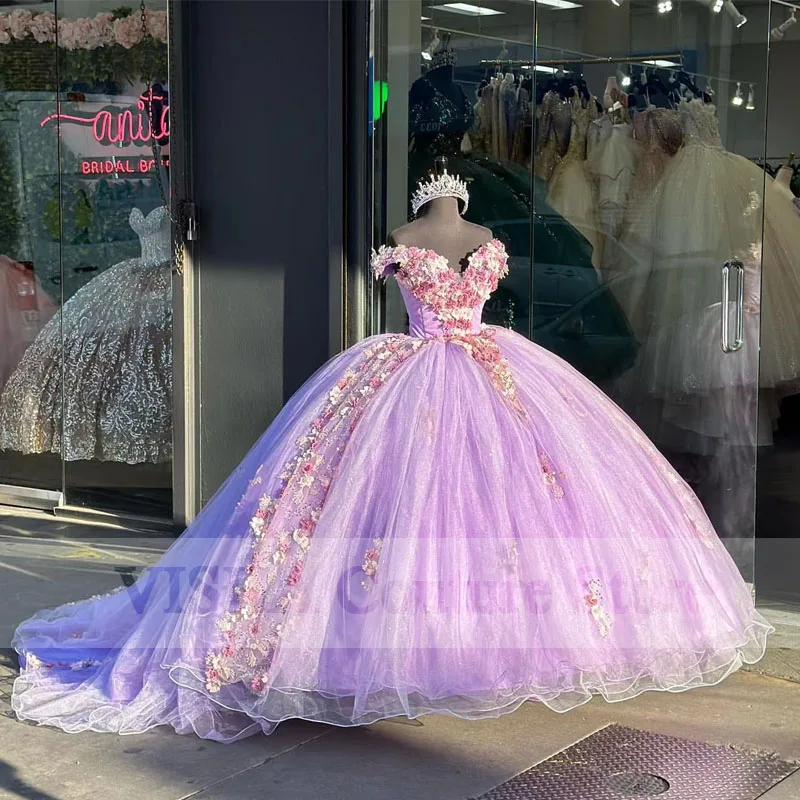 Glänzende Lila Schatz Quinceanera Kleider 2023 Blumen Ballkleid Süße 15 16 Kleid Prom Party Kleider Für Mädchen