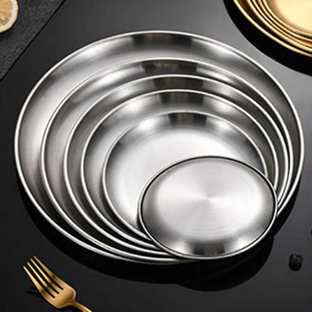 8Pcs Metal Dining Dish Stainless Steel Round Plate Shallow Tray 20/23/26cm BBQ Picnic Camping Food Container Tableware Set view 4