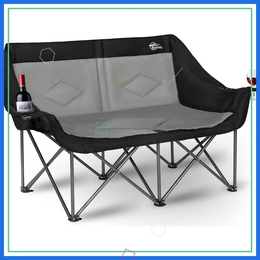 Sedia da campeggio pieghevole oversize per 2 persone, doppio divanetto resistente con portabicchieri per attività all'aperto
