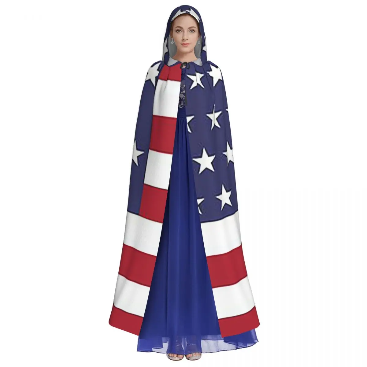 American Flag Graphic Design Long Hooded Cloak Witch Medieval Costume Cosplay Cape HalloweenVampire Adult Unisex
